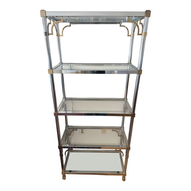 Maison Jansen Style 1970’s Brass and Chrome Étagère Shelf, Attributed For Sale