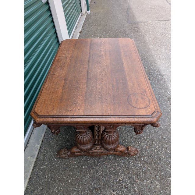 Antique 19th Century French Renaissance Revival Carved Oak Dolphin Sea Serpent Library Desk For Sale - Image 4 of 12