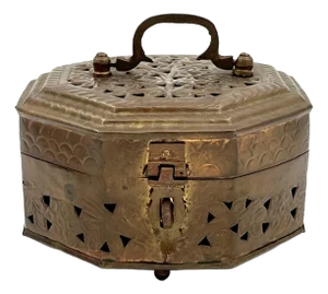 Mid 20th Century Vintage Octagon Pierced Brass Cricket Box Trinket Box Incense Burner