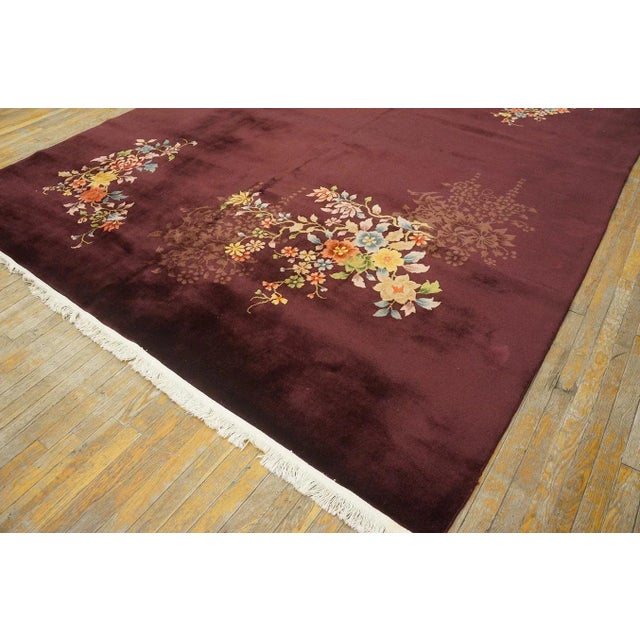 1920s Red Wine Floral Antique Chinese Art Deco Rug 8'8" X 11'4" Knotted Pile Wool Carpet For Sale - Image 11 of 12