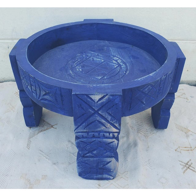 Moroccan Hand Carved Blue Wooden Table / Berber Style Tayfour Set of 3 For Sale - Image 9 of 10