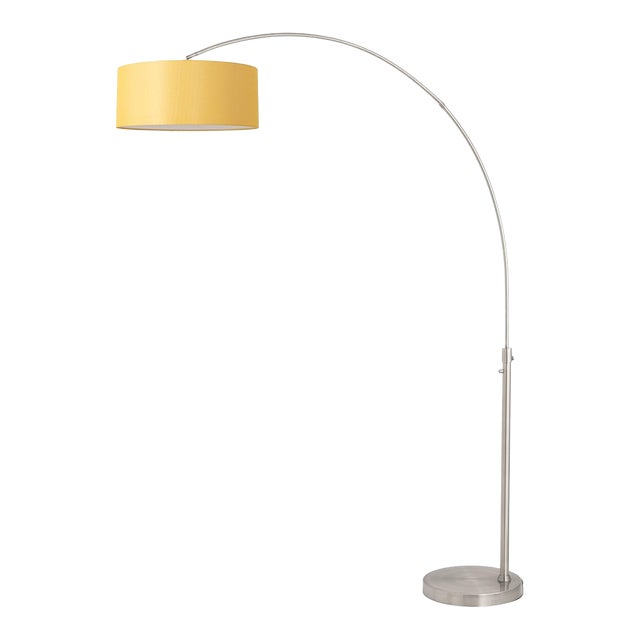 92-Inch Adjustable Nova of California Float Floor Lamp - 1960s Mid Century Modern Style, Mustard Linen Drum Shade, Satin Nickel Steel For Sale