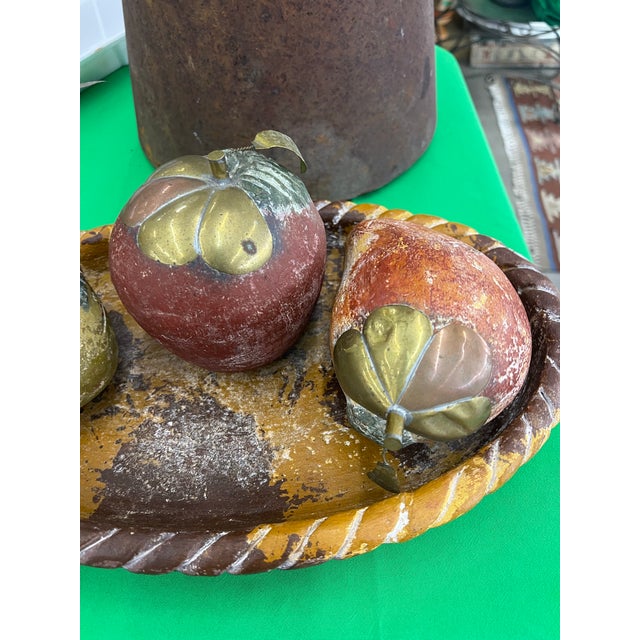 Up for consideration is a beautiful vintage set of pottery fruit and basket with brass accents. This would look lovely in...