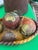 Up for consideration is a beautiful vintage set of pottery fruit and basket with brass accents. This would look lovely in...