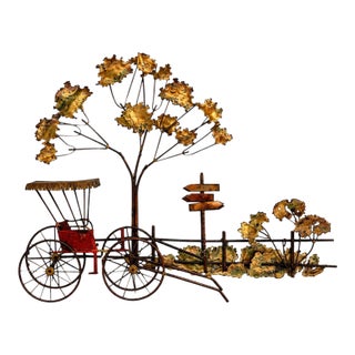 1970s Signed Curtis Jeré Artisan House “Carriage at the Cross Roads” Brutalist Mixed Metal Wall Sculpture MCM For Sale