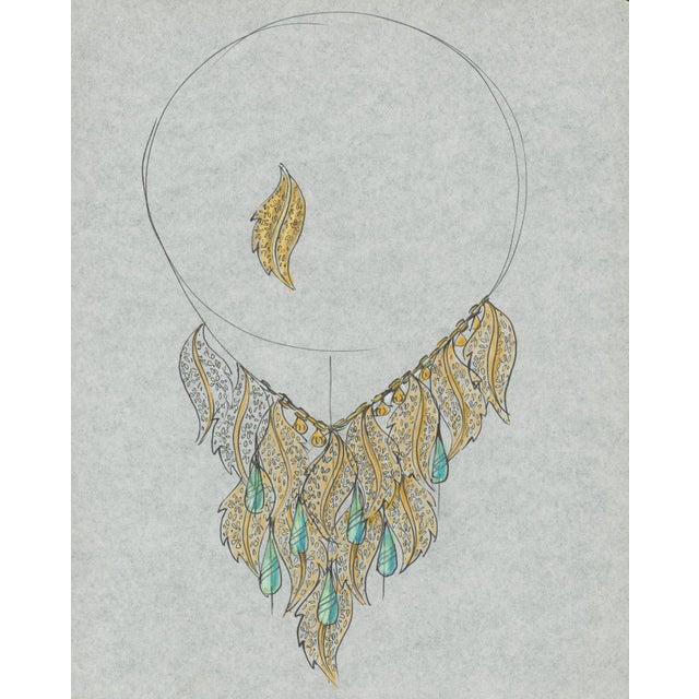 Original jewelry design drawing of a dramatic necklace composed of layered pierced gold-tone leaves with suspended blue-...