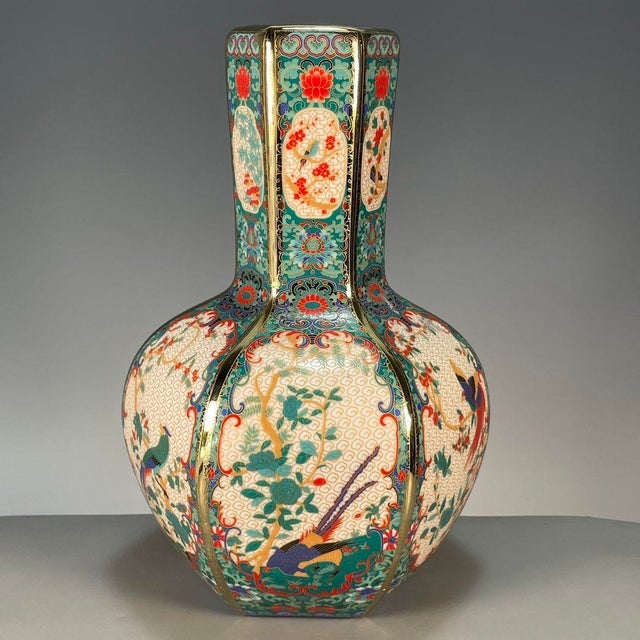 Vintage Chinese Green Ground Famille Rose "Pheasant" Faceted Vase With c.t. Loo Provenance, 1990 For Sale - Image 9 of 9