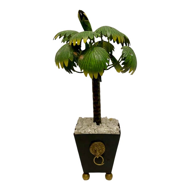 Vintage Hollywood Regency. Metal Petite Potted Palm Tree With Lions Head For Sale