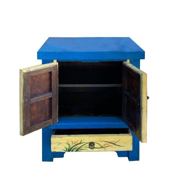2020s Chinese Rustic Bright Blue Yellow Graphic End Table Nightstand For Sale - Image 5 of 6