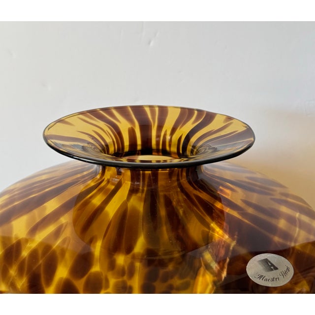 Glass Vintage Italian Amber Tortoiseshell Art Glass Vase Large Murano Style Azzurra Maestri Vetrai For Sale - Image 7 of 11