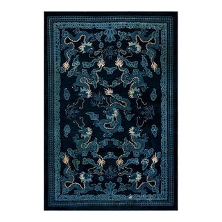 1920s Blue Navy Dragon Antique Chinese Peking Rug 7' X 10' Handknotted Wool Carpet For Sale