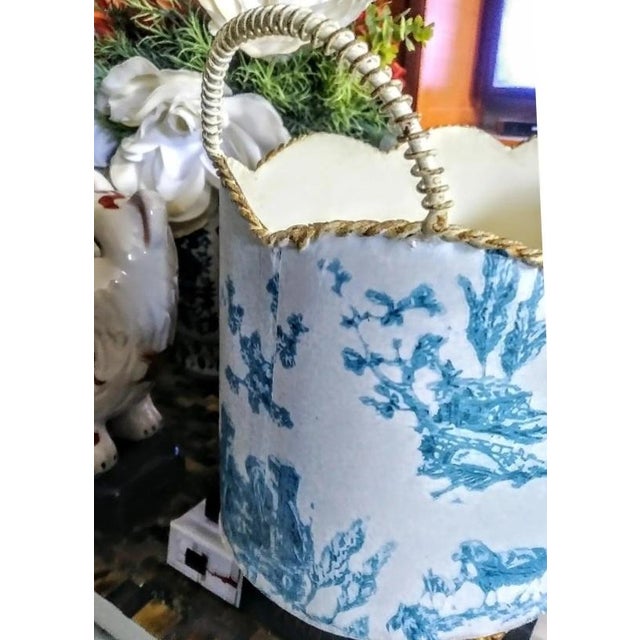 Blue Vintage Handmade Blue White Toile Metal Cache Floral Planter Vessel For Sale - Image 8 of 9