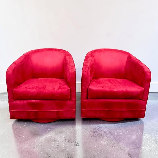 1980s Red Suede Swivel Club Chairs - a Pair For Sale - Image 5 of 9