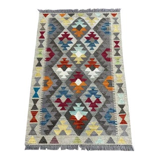Colorful Handwoven Wool Kilim Rug, Bohemian Tribal Design, 2.8' X 4.1' For Sale