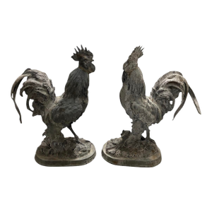 Pair of Mid-20th Century Vintage Cast Iron Rooster Garden Statues