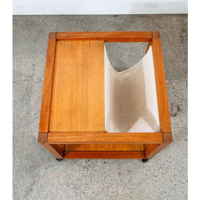 Wood Mid 20th Century Danish Modern End Table Magazine Rack Rolling Teak Nordisk Denmark For Sale - Image 7 of 12