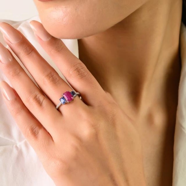 Ruby Red Art Deco Inspired Emerald Cut Ruby Sapphire & Diamond Ring Size 5 in 18k Gold For Sale - Image 8 of 15