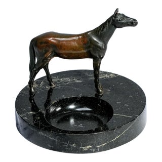 Incredible Bronze Antique Horse Statue Sculpture Marble Catchall Tray Desk Dresser For Sale