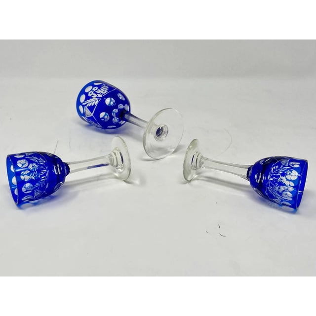 1940s Cobalt Cut to Clear Czech Crystal Hock Wine & Cordial Glasses - 21pc.Set For Sale - Image 11 of 12