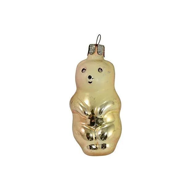 Vintage Mid-century European glass bear Christmas holiday tree ornament in amber, topaz, citrine and gold with matte...
