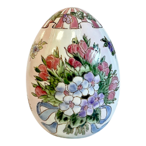 1980s Vintage Boho Chic Hollywood Regency Hand-Painted Ceramic Egg - Easter.