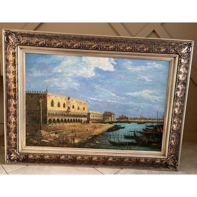 Textile 1960s Large Framed Venice Gondola Original Oil Painting on Canvas For Sale - Image 7 of 13
