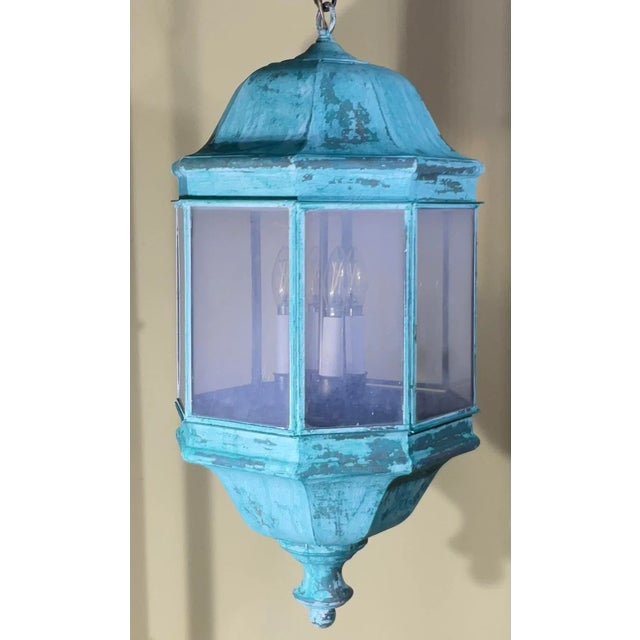 American Vintage Solid Brass & Verdigris Patina Outdoor/Indoor Lantern For Sale - Image 3 of 16