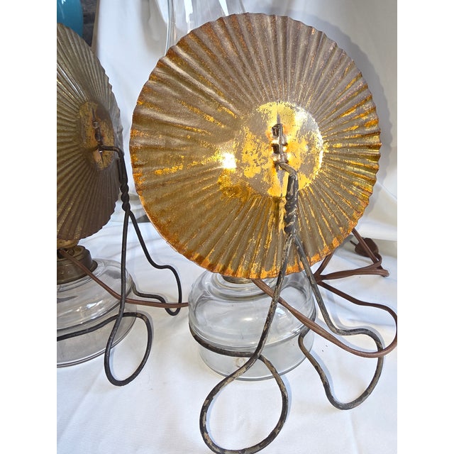 American 1900s Primitive Pair of Converted Kerosene Lamps With Tin Reflectors Now Electrofied For Sale - Image 3 of 8