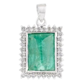 Art Deco Natural Emerald and Diamond Halo Pendant in Sterling Silver For Sale