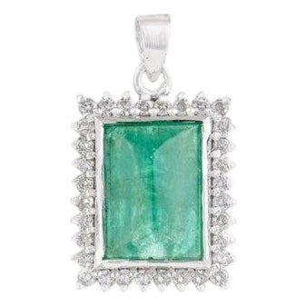 Art Deco Natural Emerald and Diamond Halo Pendant in Sterling Silver For Sale