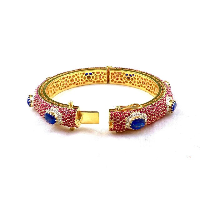 Bochic “Capri” Vintage Ruby, Sapphire & Diamond Bangle Set In 18K Gold & Silver For Sale - Image 9 of 11