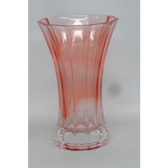 Peach Pink Pressed Glass Vase Wide Opening 10 Panel Ribbed Design Vintage 4756b For Sale - Image 12 of 12
