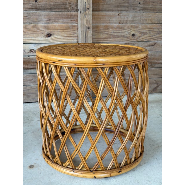 Vintage Boho Organic Modern Drum Form Rattan Side Table With Woven Top For Sale - Image 11 of 11