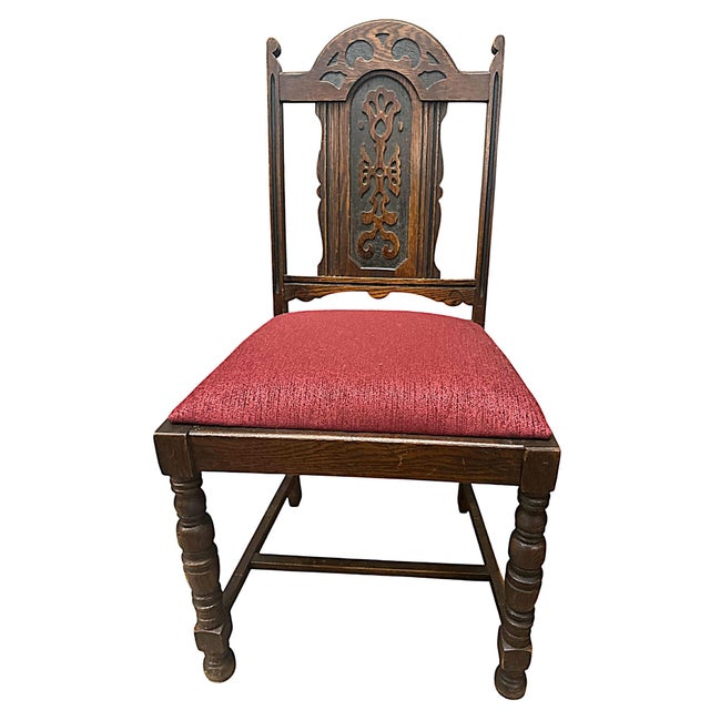 1920s Antique 1920s Spanish Revival Oak Dining Chairs With New Burgundy Seat Upholstery - Set of 6 For Sale - Image 5 of 7