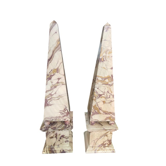 Grand Tour Pair of Vintage Faux-Marbled Hand-Painted Wood Obelisks For Sale - Image 3 of 12