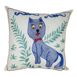 Purple Cat Embroidered Pillow – Suzani Art Cushion For Sale