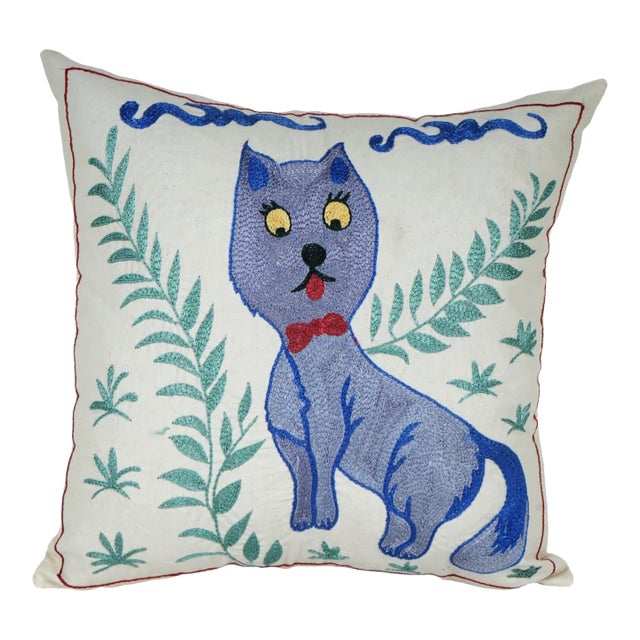 Purple Cat Embroidered Pillow – Suzani Art Cushion For Sale