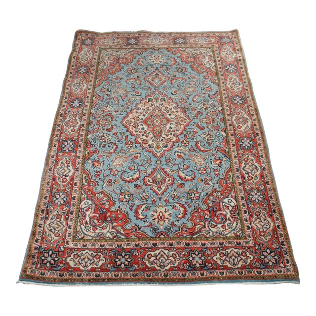 Traditional Red & Blue Geometric Floral Medallion Wool Area Rug Carpet 4 X 7' For Sale