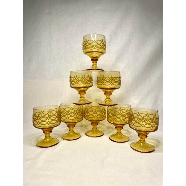 Vintage Mid Century Modern Amber Gold Glass Goblets, Set of 8 For Sale - Image 10 of 11