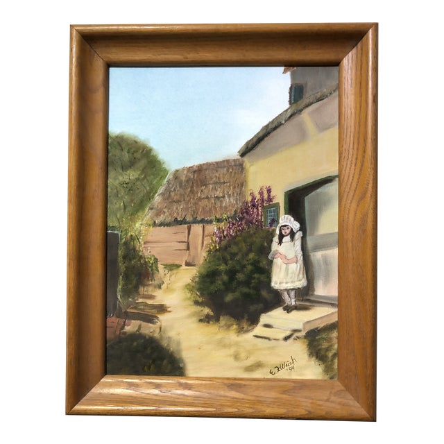 1994 Young Girl in a Village Wearing a White Dress Painting Signed Framed For Sale