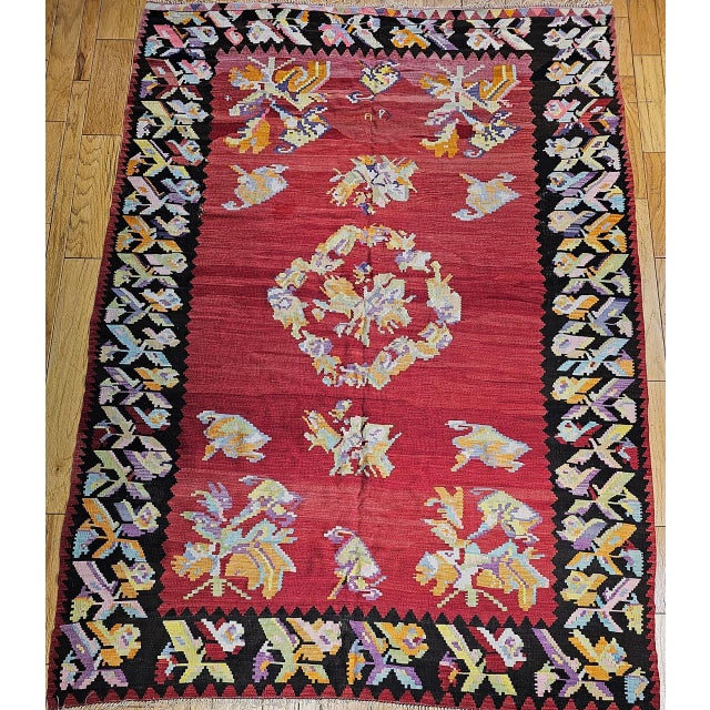Red Vintage Caucasian Karabagh Kilim, Handwoven Floral Pattern, Red & Black, 7x10 For Sale - Image 8 of 12
