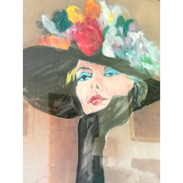 Vintage Fashion Illustration Style Pastel Portrait of Woman in Black Hat, 1980s For Sale - Image 4 of 9