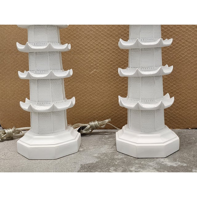White Pagoda Chinoiserie Style Table Lamps - A Pair For Sale In New York - Image 6 of 12