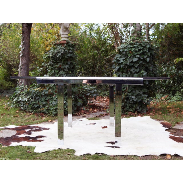 Postmodern 70s Attributed to Milo Baughman Chrome + Glass Extendable Dining Table / Desk Table Square to Rectangular For Sale - Image 14 of 16