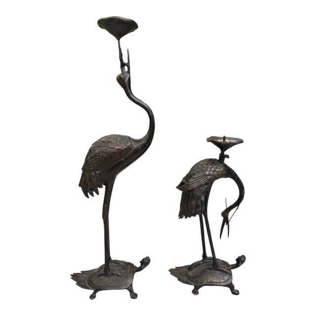 Mid-Century Modern Vintage MCM Cast Iron Crane Heron Candlestick Holders Turtle Base Japan Pair For Sale - Image 3 of 18