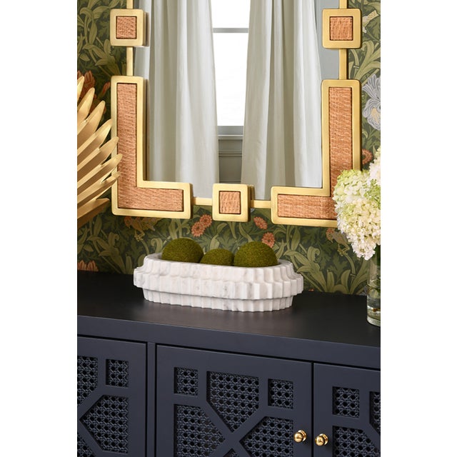 Worlds Away Matthew Izzo Home Roro Rectangular Mirror With Curved Brass Sectioned Frame and Inset Woven Rattan For Sale - Image 4 of 5