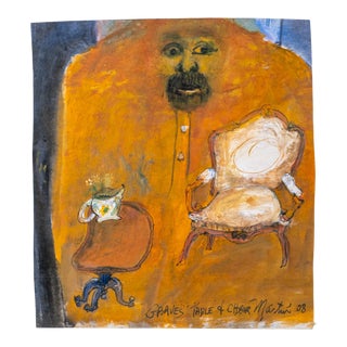 "Graves Table & Chair" Contemporary Surrealist Style Figurative Gouache Painting by James Martin For Sale