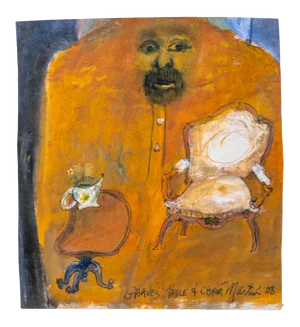 "Graves Table & Chair" Contemporary Surrealist Style Figurative Gouache Painting by James Martin