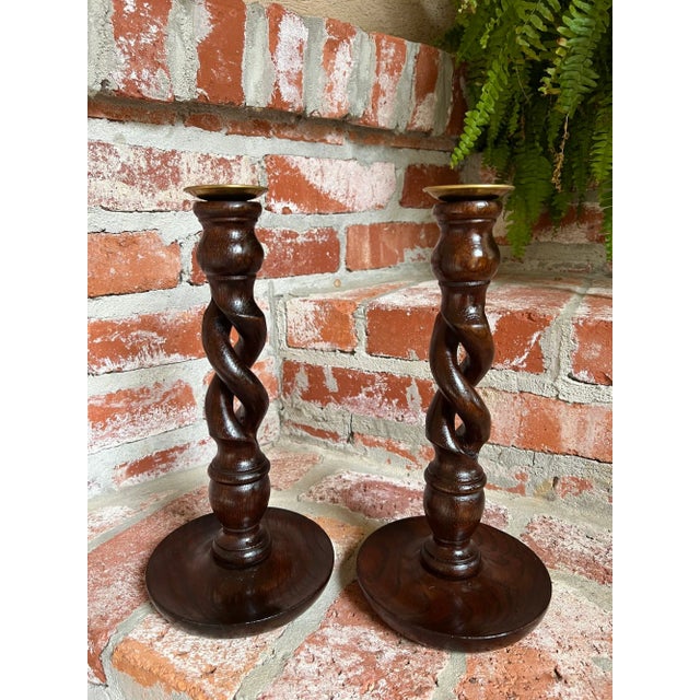 PAIR Set Antique English Oak OPEN Barley Twist Candlesticks Candle Holder Brass Bobeche. Direct from England, a stunning...