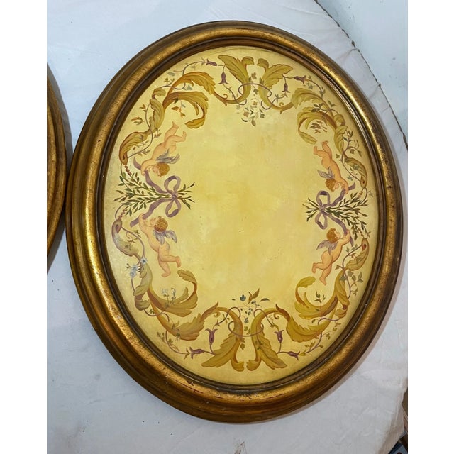 Pair of 2 Large Vintage Oval Original Hand Painted Oil Painting Cherub Frescos For Sale - Image 4 of 15